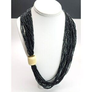 Vintage Necklace Black Glass Seed Bead Multi-strand with Carved Accent DH27